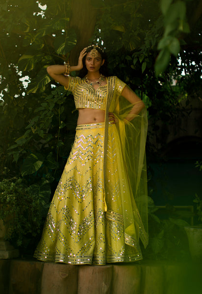Seema Gujral – Yellow Mirror Work Lehenga – Nikaza Asian Couture